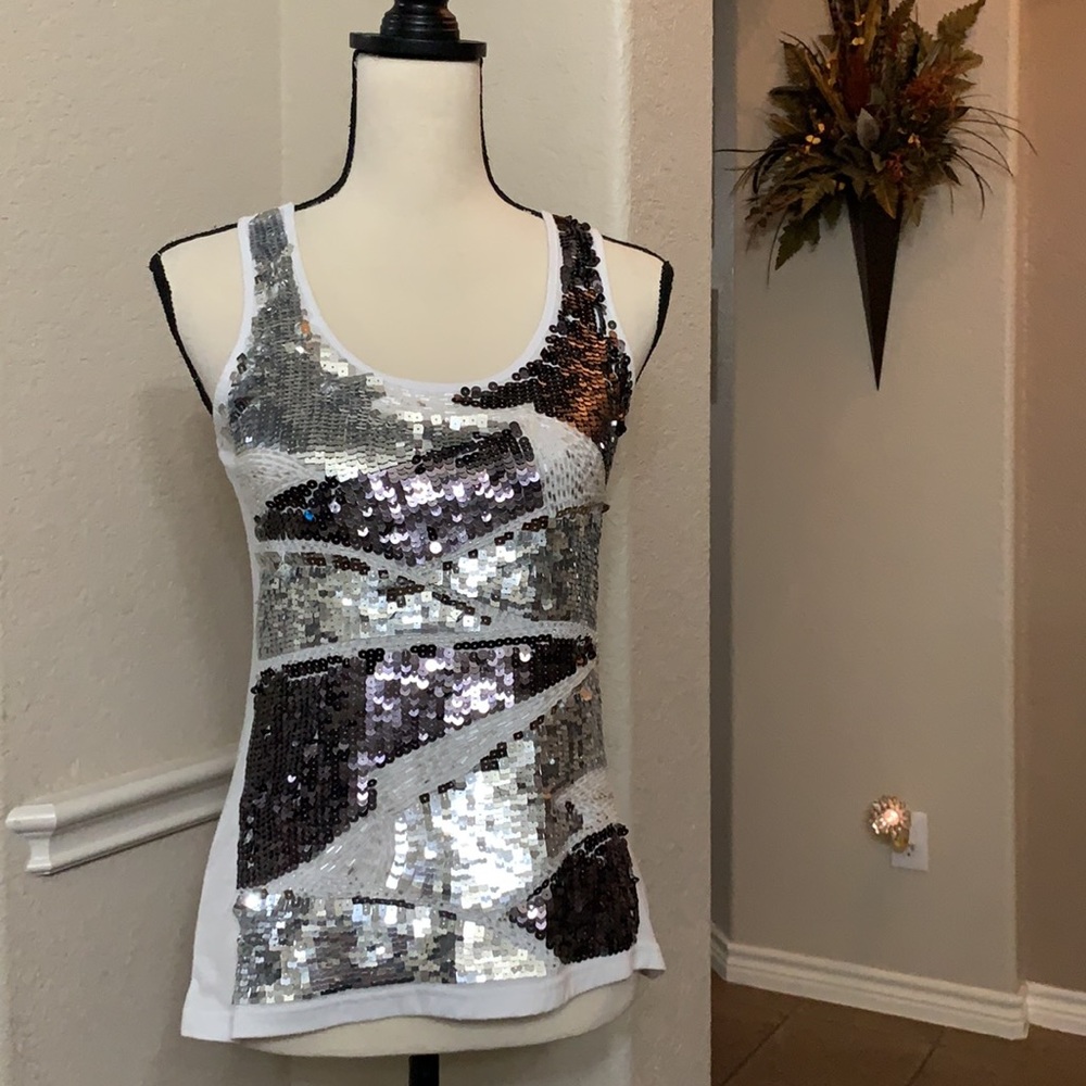 Hint shiny silver, dark gray, white sequined  top Size S